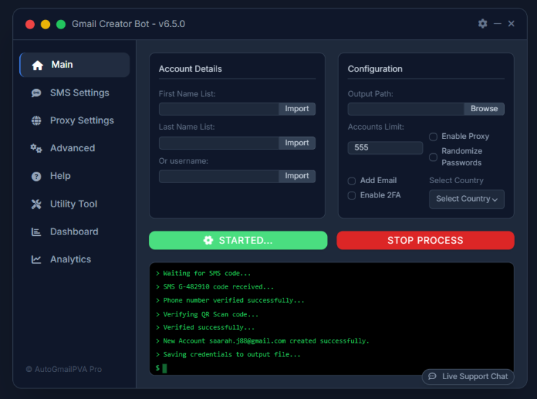 Screenshot of Gmail PVA Creator